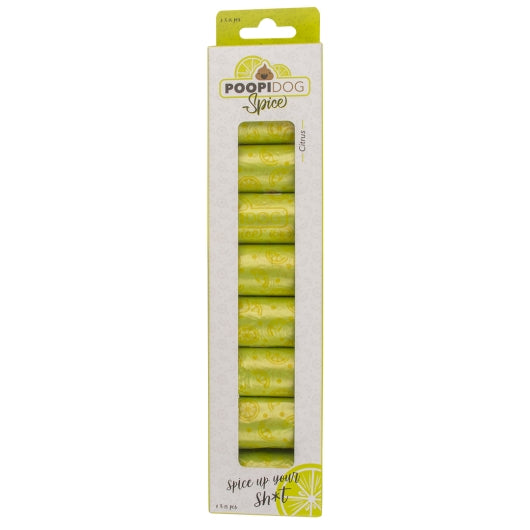 5414365367121_pck_Poopidog Hundekotbeutel spice limette limone 8 x 15 Stück mit Zitronenduftwebl