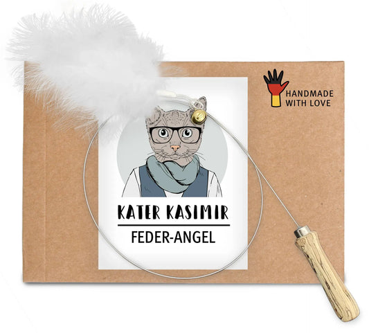 Cat fishing rod natural feathers (with wooden handle, bell and pendant)