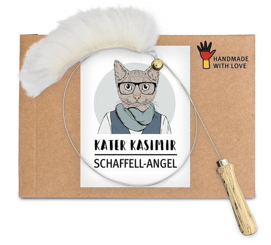 Cat fishing rod sheepskin with wooden handle and bell