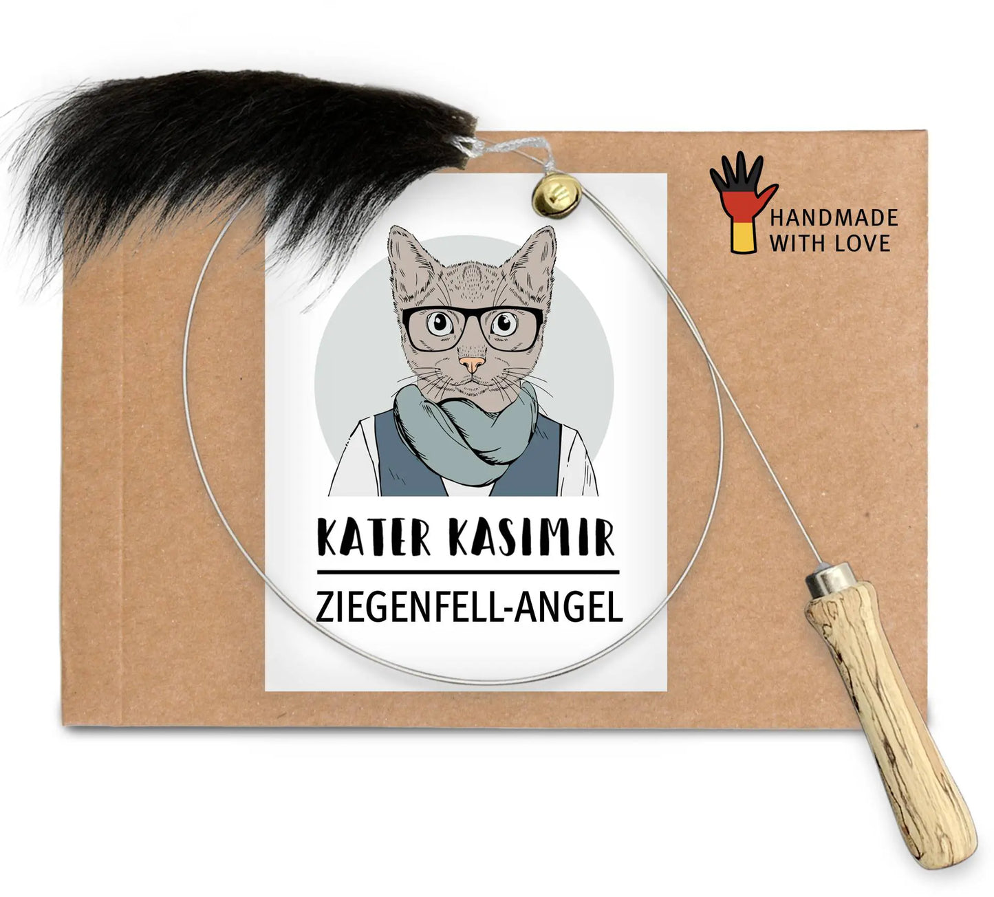 Cat fishing rod goatskin (with wooden handle, bell and pendant)