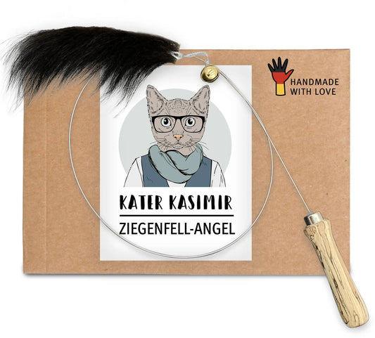 Cat fishing rod goatskin (with wooden handle, bell and pendant)