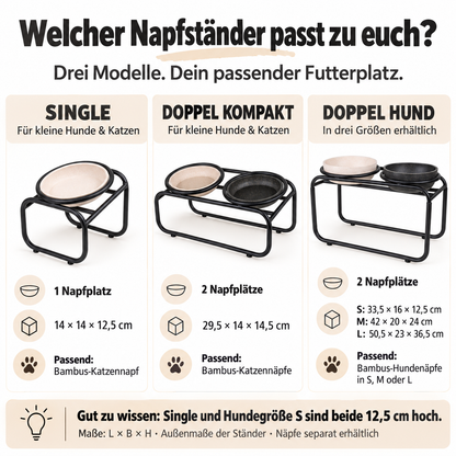 Größenvergleich: Einzel-Napfständer, Doppel-Napfständer für kleine Hunde und Katzen sowie Hunde-Napfständer in S, M und L – mit Maßen und passenden Bambus-Näpfen