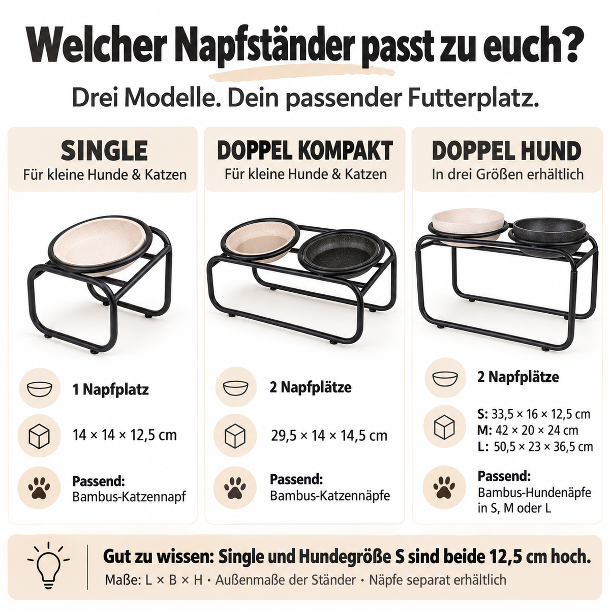 Größenvergleich: Einzel-Napfständer, Doppel-Napfständer für kleine Hunde und Katzen sowie Hunde-Napfständer in S, M und L – mit Maßen und passenden Bambus-Näpfen